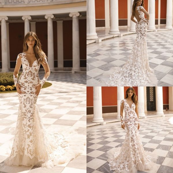 

2019 берта русалка свадебные платья иллюзия с длинным рукавом великолепные свадебные платья кружева аппликация плюс размер свадебные платья, White