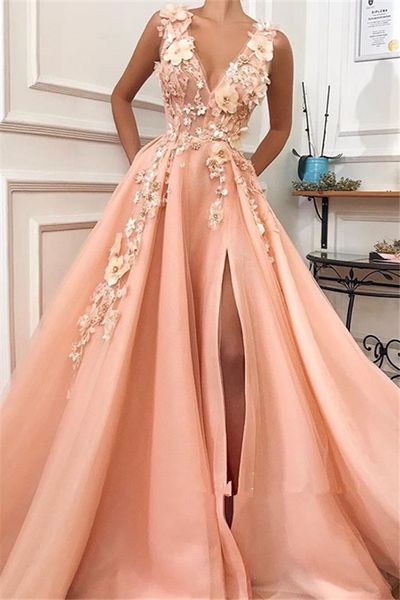 

gorgeous v-neck sleeveless prom gowns 2019 blush 3d floral straps flower appliques full length slit occasion evening wear dresses, Black