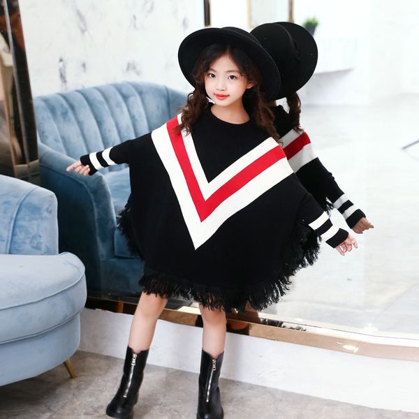 

retail 1pcs 2018 new design kids girls autumn street style v-type printing tassel batwing sleeve knitting sweater age 3-14yrs, Blue