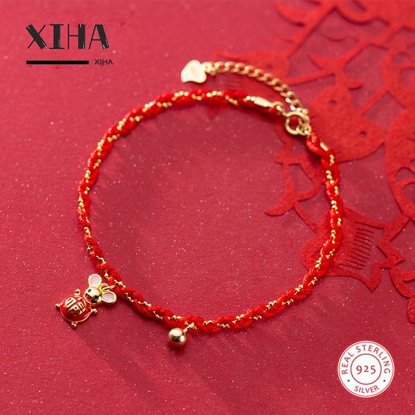 

adjustable lucky thread red string bracelet with beads and charms braided 925 sterling silver mouse bracelet for women girls, Black