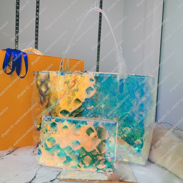 

designer iridescent tote 2-in-1 handbag transparent holiday beach party shoulder bag pvc purse