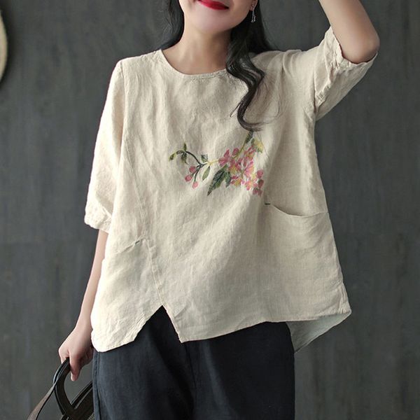

women's t-shirt johnature summer retro embroidery o-neck pockets all-match t-shirts 2021 simple comfortable half sleeve 3 color women, White
