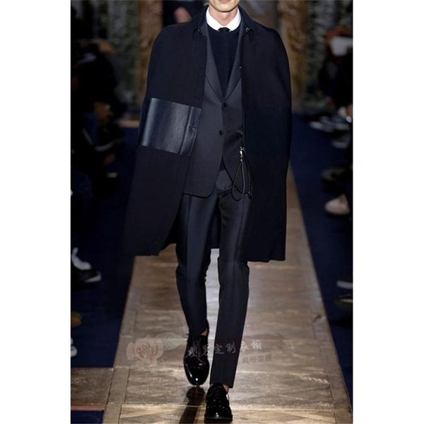

simple autumn and winter tide men's coat loose shawl stitching cloak cloak men's long woolen coat woolen, Black