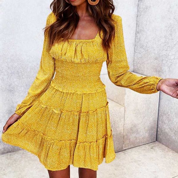 

casual dresses autumn summer elegant beach dress women 2021 waist slim printed mini ruffles long sleeve vestidos, Black;gray