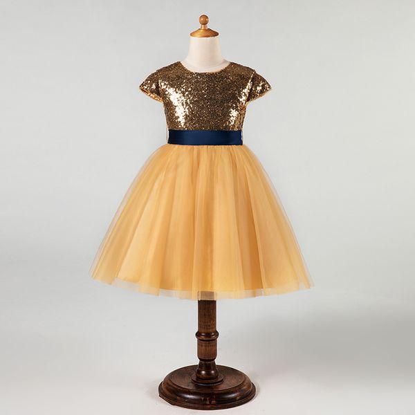 

sequin tulle baby girl dress short sleeve belt lace christening gown newborn baptism clothing infant 1 st birthday outfits, Red;yellow