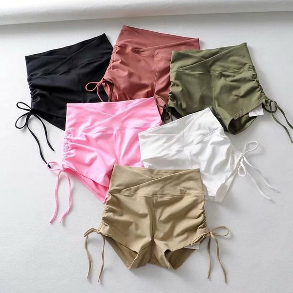 

2020 high elastic yoga shorts fitness drawing rope wrinkle high waist running short summer sports tights dancing girl, White;red
