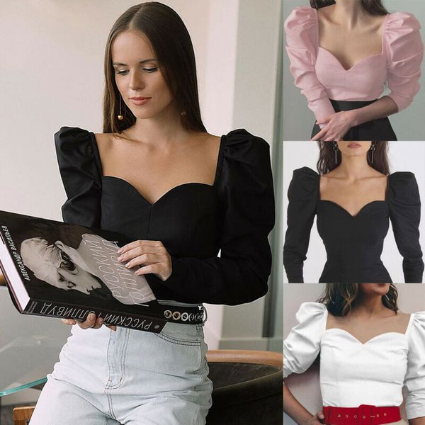 

women cropped sheer tee casual t-shirts long puff sleeve blouse slim fit, White