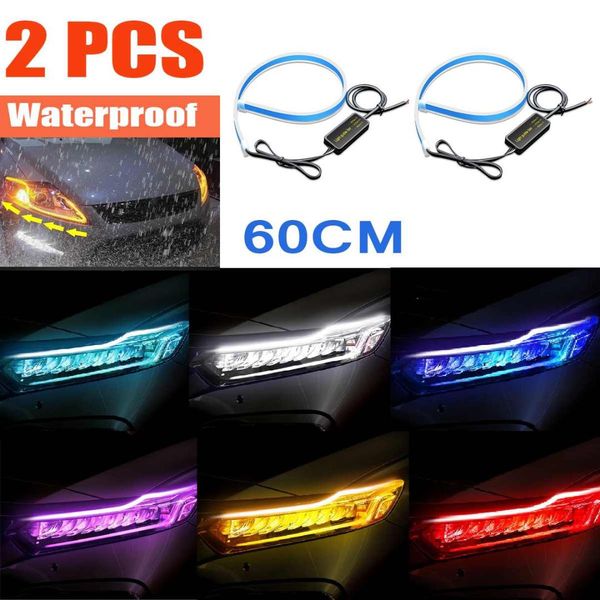 

waterproof 2pcs 60cm ultrafine cars drl led daytime running lights white turn signal yellow guide strip for headlight assembly