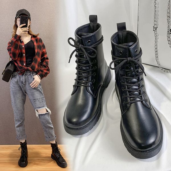 

round toe shoes lace up boots booties ladies flat heel bootee woman 2019 martins for women ankle rubber autumn med rock, Black