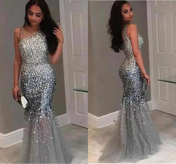 

sparkly beaded crystal mermaid dresses evening gowns tulle scoop open back sequins beading prom dress long 2019 party formal pageant, Black