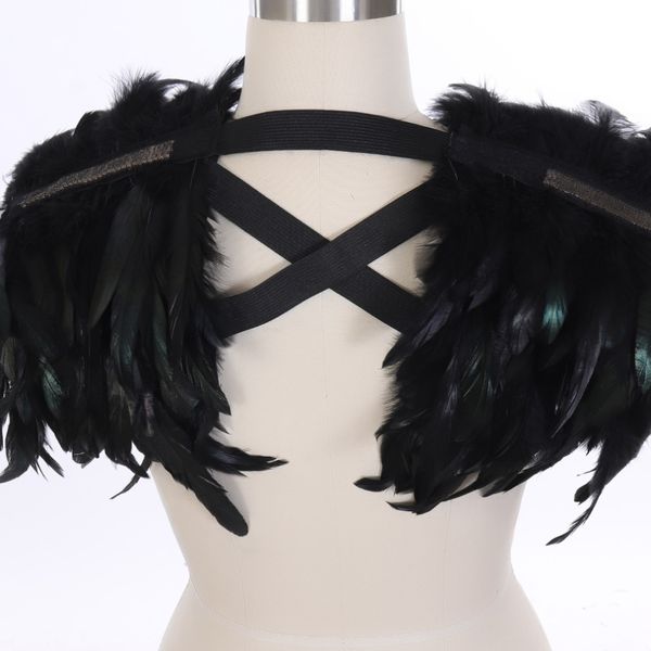 

feather vest cape epaulette crop cage bra women costume black dance rave festival goth burning man halloween shoulder wings, Black;white