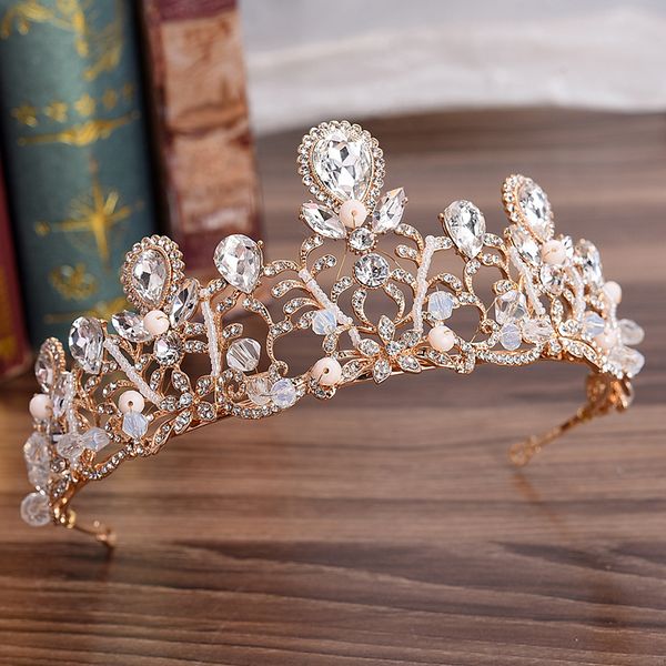 

fashion luxury crystal beaded wedding tiara headband gold baroque pageant crown for women bridal hair accessories, White;golden