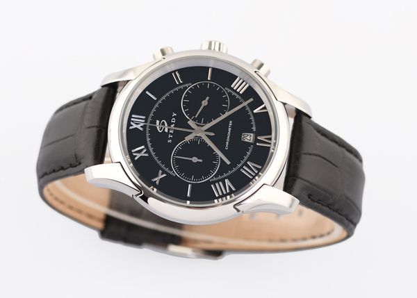 

chronograph mens watches stainless steel case with black leather strap quartz analog a142, Slivery;brown