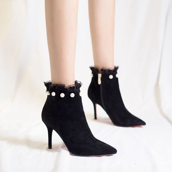

fashion ladies autumn and winter women's boots sweet pearls high sandals and bare boots women's fine super high heels, Black