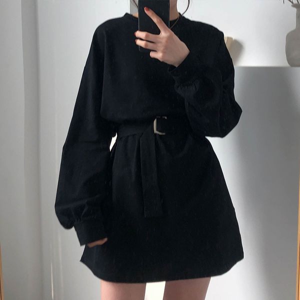 

7 colors long sleeve dress women spring autumn korean style dress ladies solid loose t shirt dress women with belt x218, Black;gray