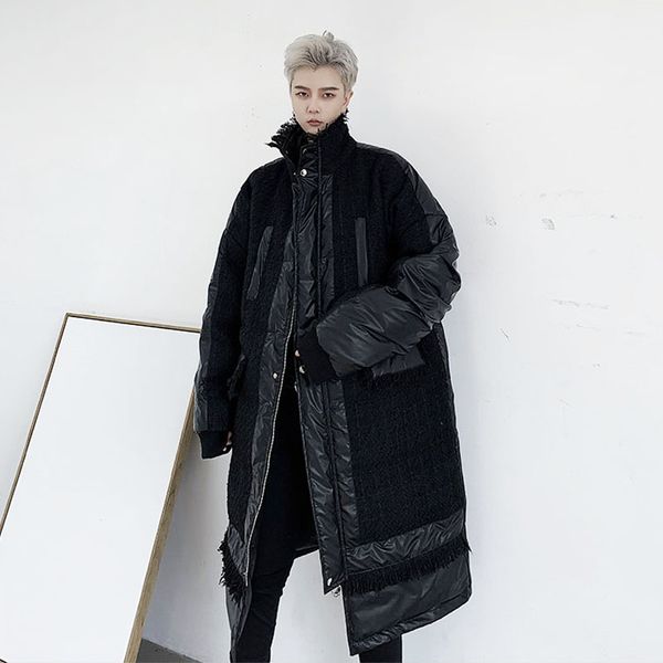 

men winter splice tassel loose stand collar long parkas coat cotton padded jacket male streetwear hip hop overcoat outerwear, Black