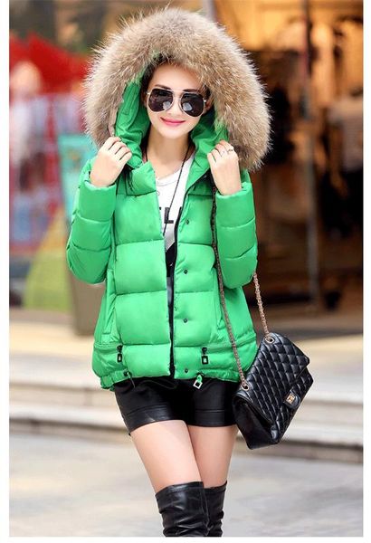 

women casual thick cotton coat pocket big fur hooded neck button zipper highstreet elegant lady winter warm parkas jacket outfit, Black