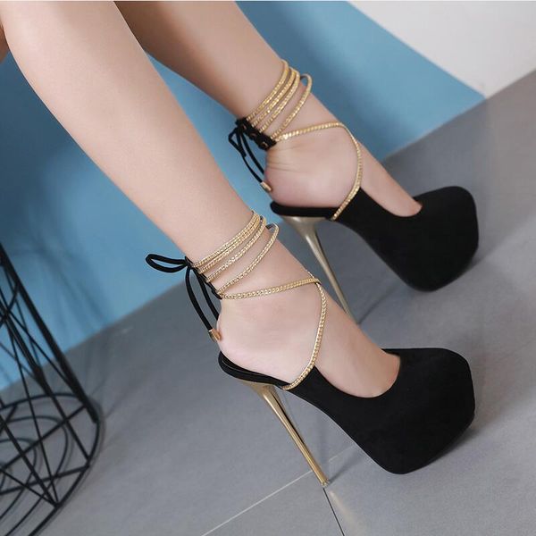 

2019 european women flock sandals high heeled round toes summer shoes metal straps heels round toes golden thin heel black 17cm