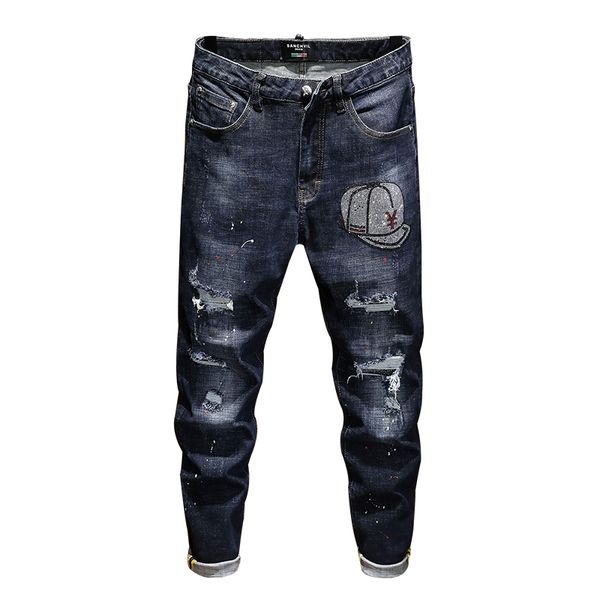 

new men jeans skinny ripped jeans for men elastic paint slim long pants trousers cotton hip hop winter spring blue grey
