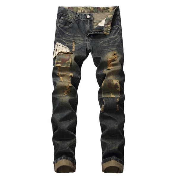 

men's straight cut hole jeans, pop-up tie flower patch men's pants