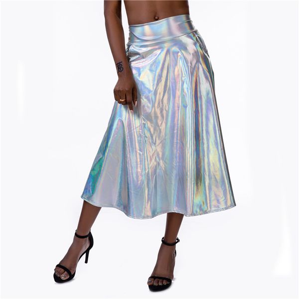 

sparkle pu holographic skirts gradient color a-line pocket summer women slim long skirt music festival streetwear chic, Black