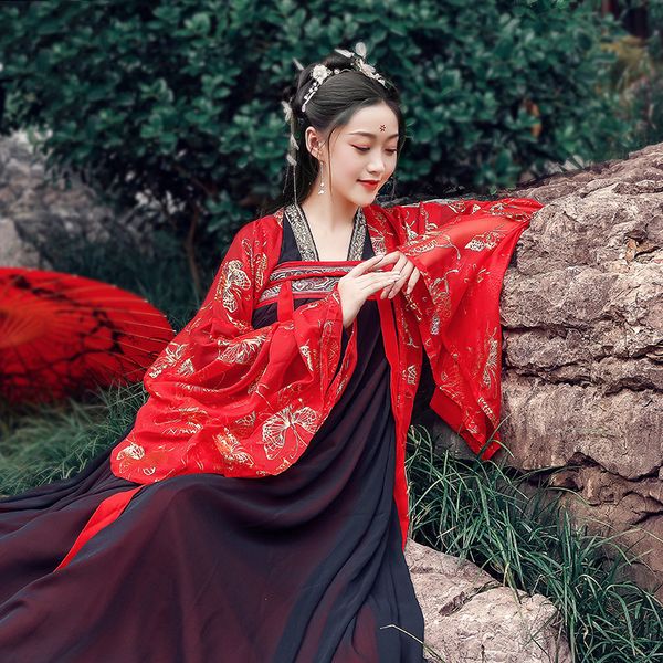 

hanfu chinese style ancient costume traditional folk dance stage performance clothing singers princess fairy dress dl4457, Black;red