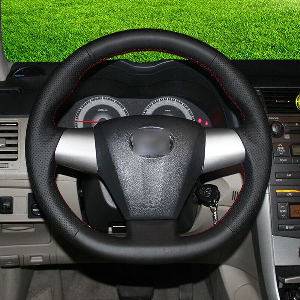 

black leather red stitch custom car steering wheel cover for toyota corolla 2013