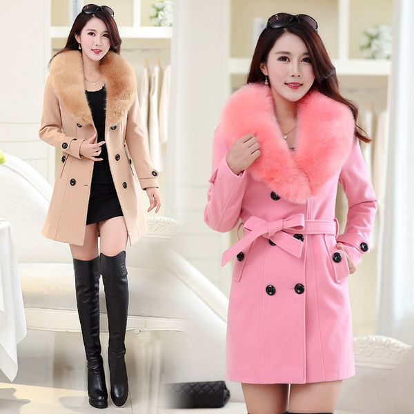 

office lady slim women long wool blend coat sashes double breasted cashmere jacket turn-down collar ladies coats, Black