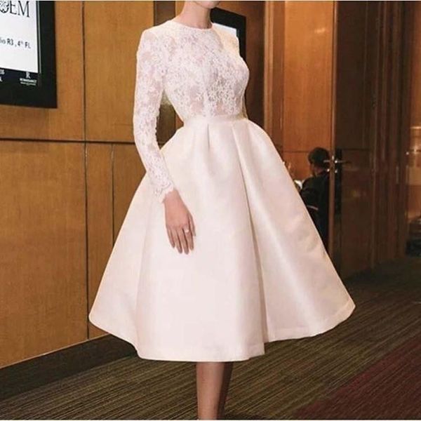 

Knee Length Prom Dresses With Jewel Neck Lace Nd Satin Long Sleeves Bridal Gowns Summer Wear Cheap Women Wear Evening Dress Short