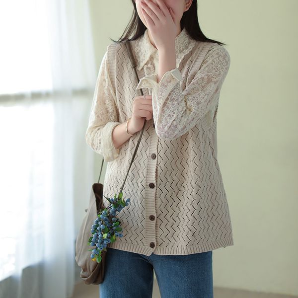 

cotton half-hollowed vest spring new retro literary fan loose sleeveless knitted vest women, Black;white