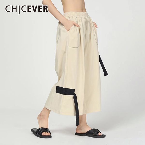 

chicever summer casual solid patchwork ribbon women pant elastic mid waist pockets loose slim ankle length wide leg pants 2019, Black;white