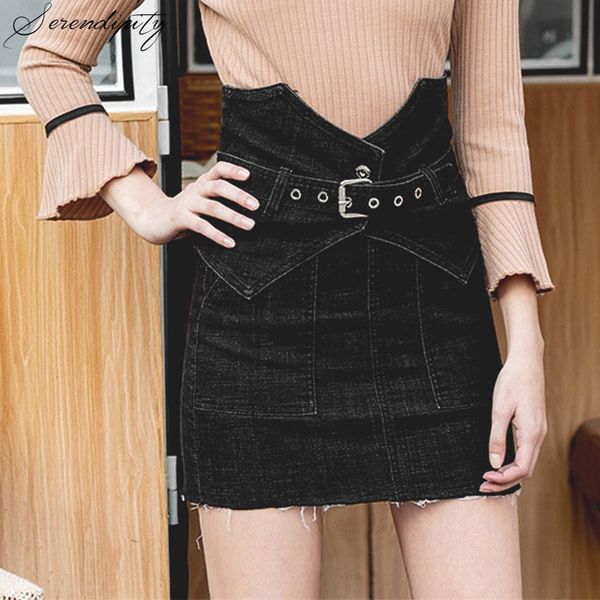 

srdp denim women skirt summer high waist belt blue plus size short jeans skirt fashion streetwear ladies pencil skirts 2019, Black