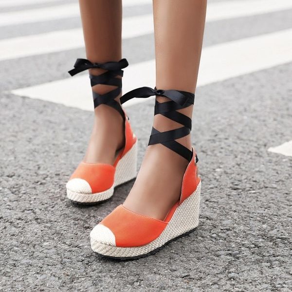 

2020 new european and american sandals straw burlap wedge with color matching cross strap sandals, Black