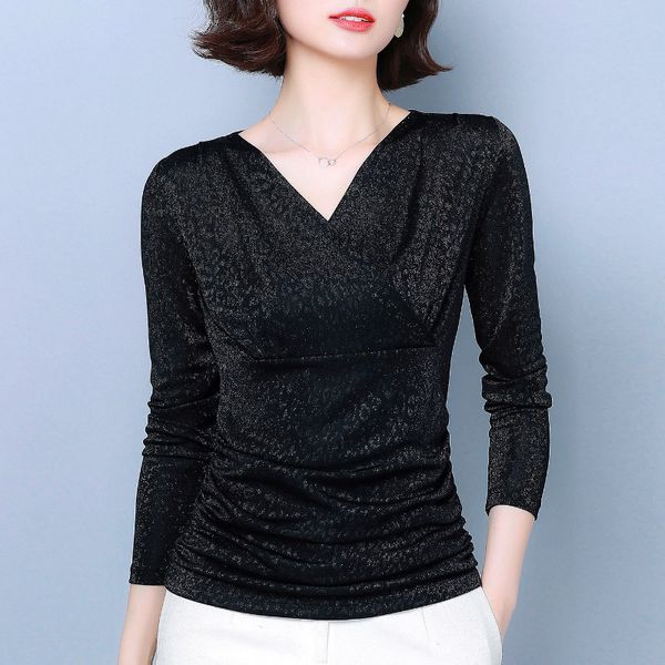 

large size fall/winter new women's v-neck long sleeve leopard t-shirt female korean slim joker base shirt, White