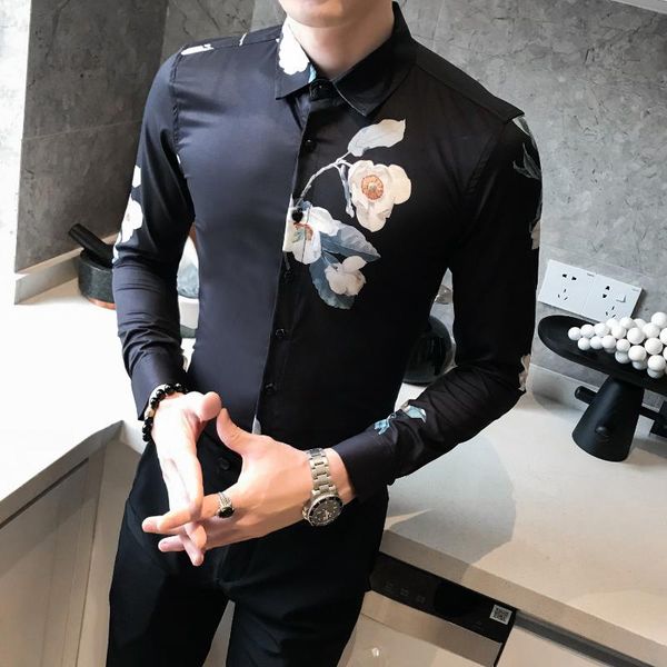 

рубашки камиз masculina streetwear с длинным рукавом мужской одежды камиз homem черной белая 2019 осень китайского стиля печати рубашки люди, White;black