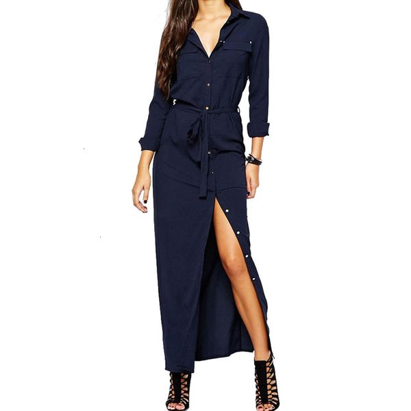 

woman clothing designer dresses ankle length women long sleeve new fashion collar buttons long shirt dresses slit women dress green blue, Black;gray
