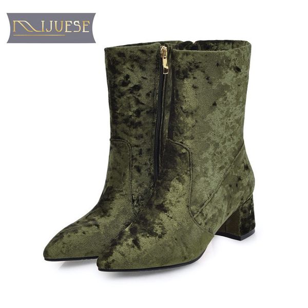 

mljuese 2018 women mid-calf boots winter warm boots pointed toe autumn fur short plush green color high size 32-43, Black