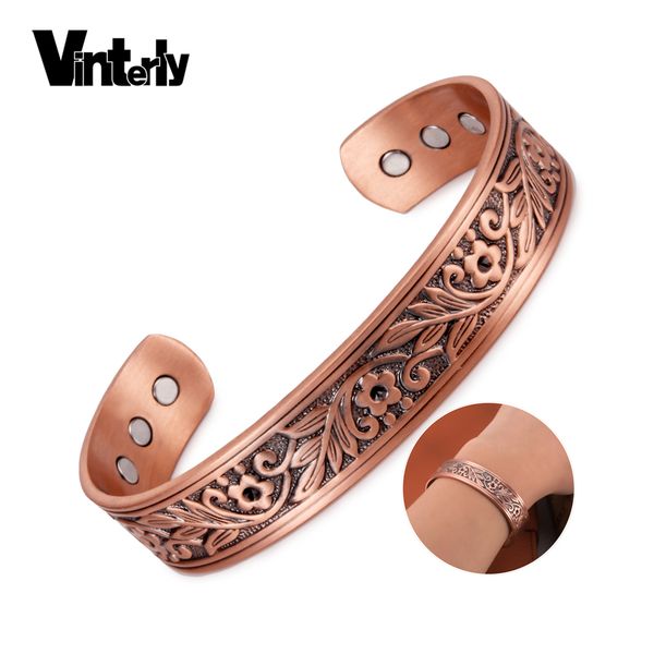 

vinterly magnetic bracelet copper flower leaf cuff adjustable bangles femme health arthritis vintage copper bracelets for women, Black