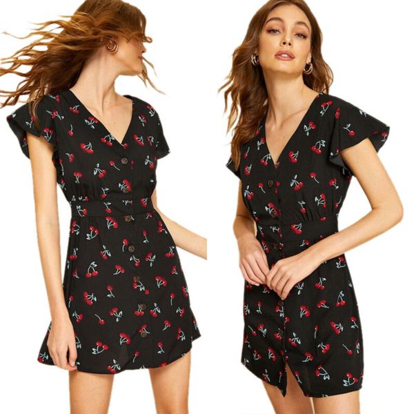 

women's boho cherry printed short sleeve v neck mini dress summer holiday party, Black;gray