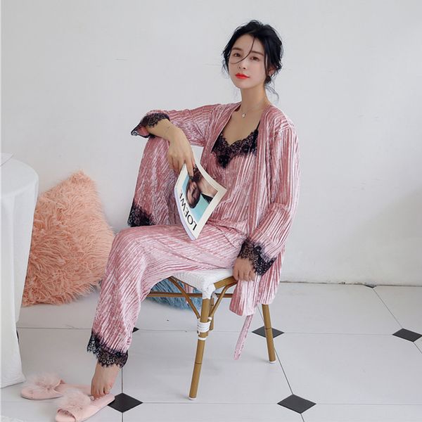 

3 piece lace homewear women set floral pajamas bathrobe nightwear bridesmaids sleepwear kimono robe flannel autumn winter, Blue;gray