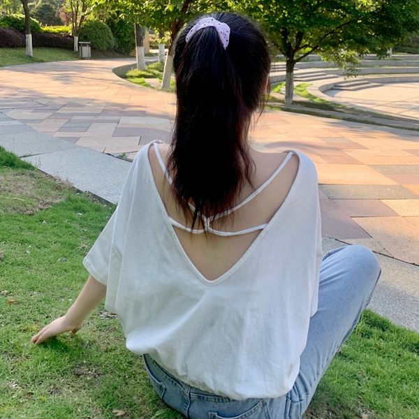 

summer clothing design sense niche hollowed-out short-sleeved t-shirt t-shirt with bare back female ins super fire loose solid color fas, White