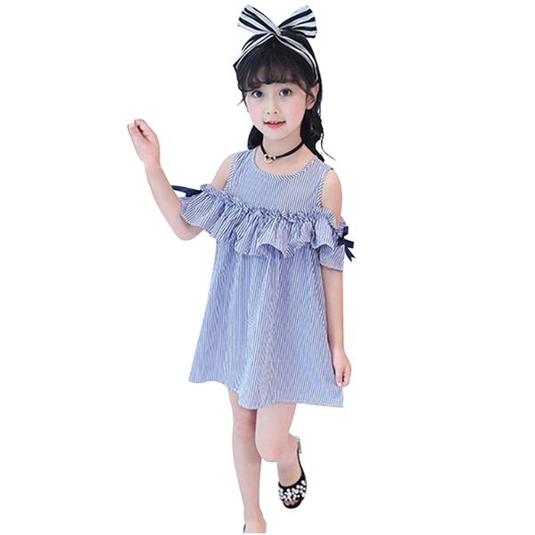 

new summer dress toddler kids baby girls lovely birthday clothes blue striped off-shoulder ruffles party gown dresses, Red;yellow
