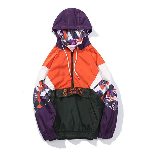 

hip hop color block patchwork embroidery half zip hooded jackets 2018 autumn men casual pullover hoodie coat streetwear jk005, Black;brown