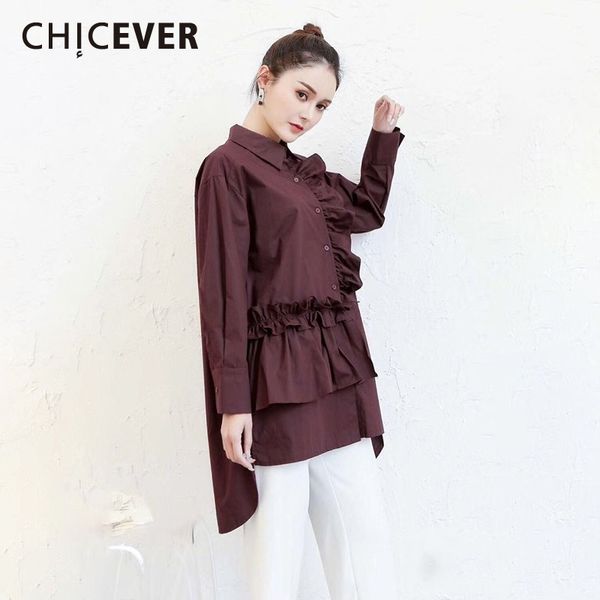 

chicever spring vintage women shirt lapel long sleeve irregular patchwork ruffles loose slim female dresses 2019 fashion new, White