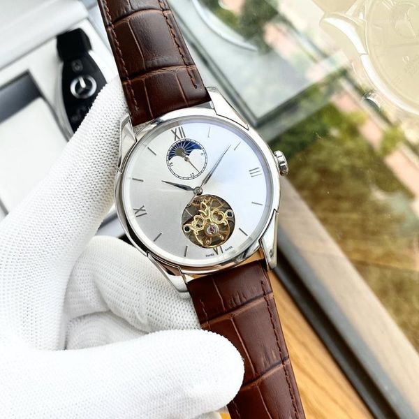 

mens wristwatches 40mm automatic movement watch casual leather strap mechanical wristwatches fashion style mens watch, Slivery;brown