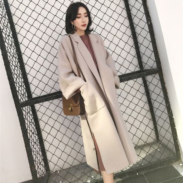 

fashion 2019 women autumn winter woolen coat thicken long sleeve turn-down collar warm coats solid color lace-up, Black