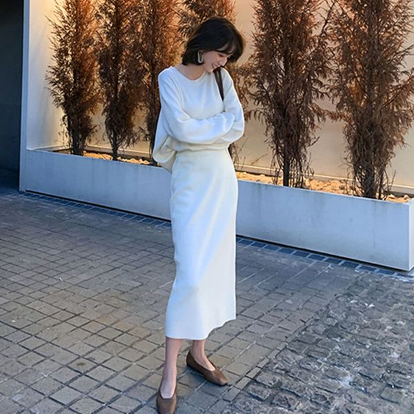 

элегантные дамы твердая кашемировый свитер юбка 2 шт набор женщин моды o шеи длинным рукавом вязаные пуловеры юбка костюмы зимние, White