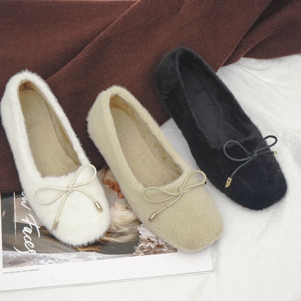 

square toe 2019 fashion women's moccasin shoes all-match loafers fur casual female sneakers slip-on bow-knot modis moccasins, Black