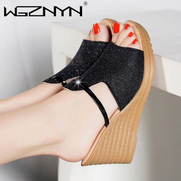 

new women slippers summer platform shoes fashion women wedge open toe flip flops ladies bling slide beach shoes pantoufle femme, Black