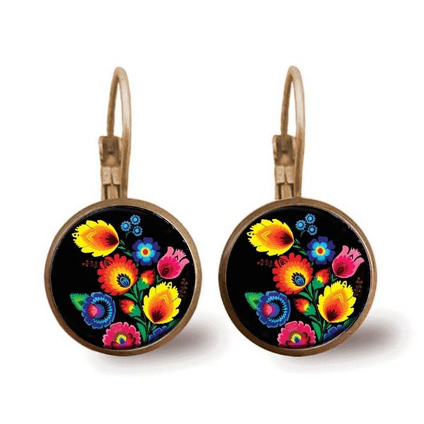 

polish folk art picture stud earring fashion jewelry with glass cabochon moder paper cutting flower earring for women, Golden;silver
